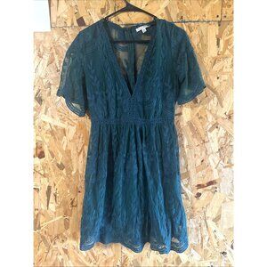 Haute Monde Womens Skater Dress Knee Length Size M Green Floral Lace V-Neck